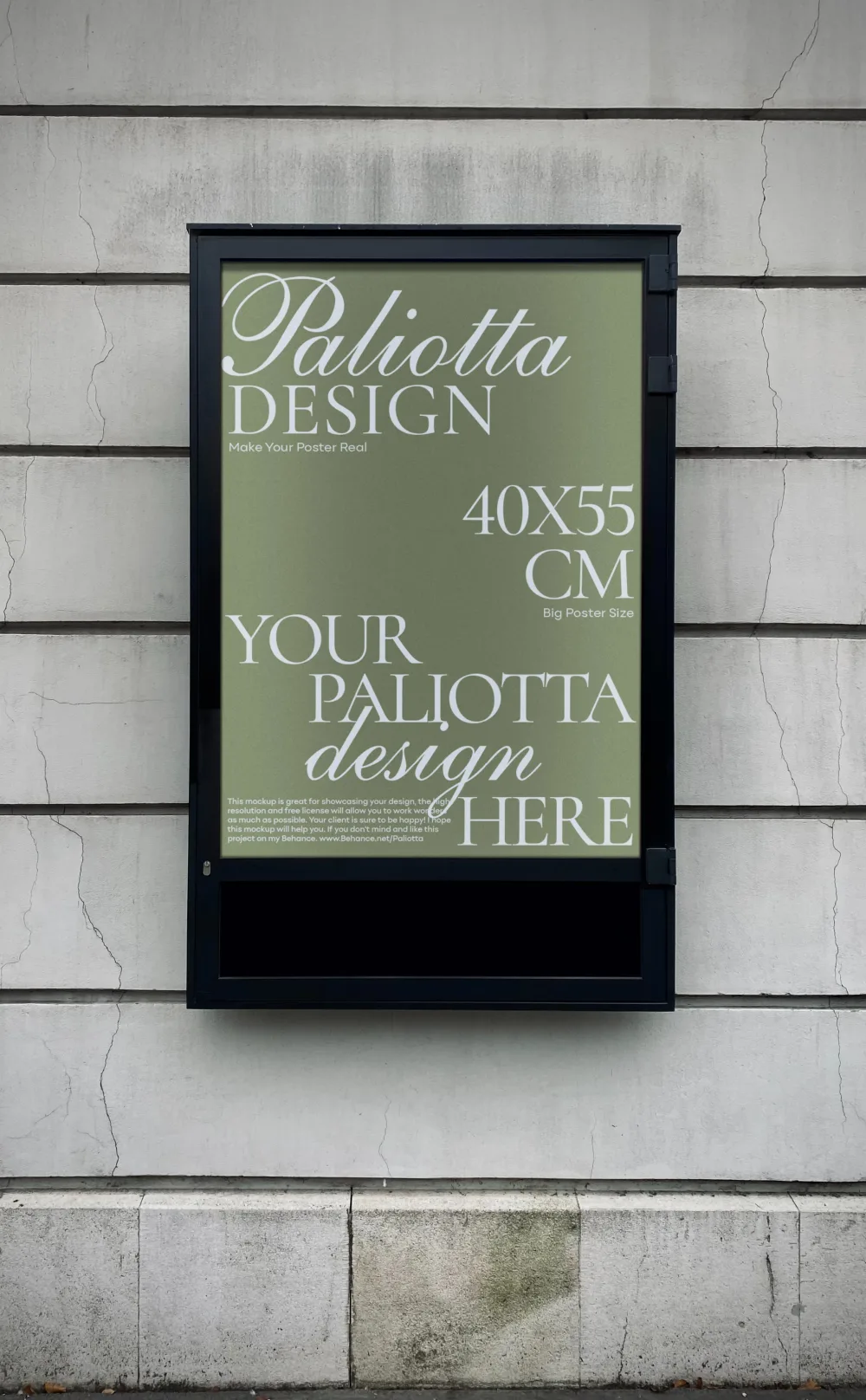 Poster mockup displayed in a black-framed outdoor panel against a textured concrete wall. The light olive-green background contrasts with the elegant white typography, highlighting the design details.