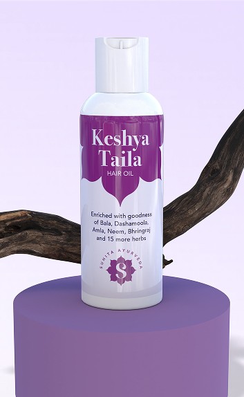 Keshva Taila Ayurvedic hair oil bottle photographed for product branding and packaging showcase