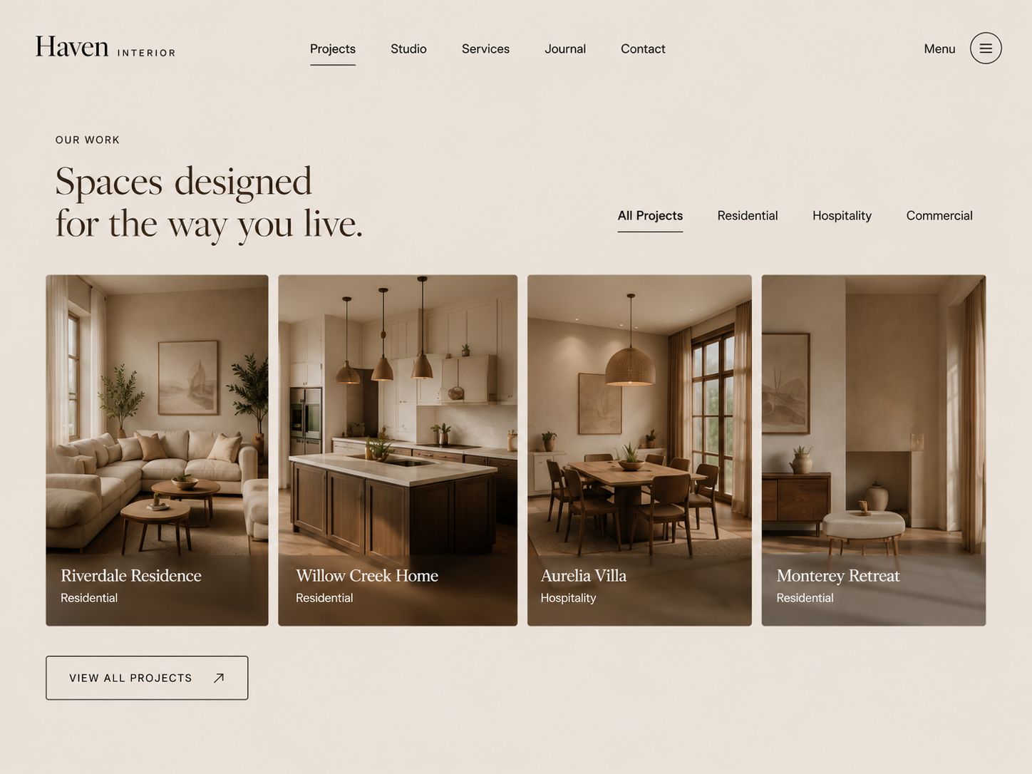 Elegant project showcase layout featuring curated residential interiors, refined typography, and calm hospitality-inspired composition