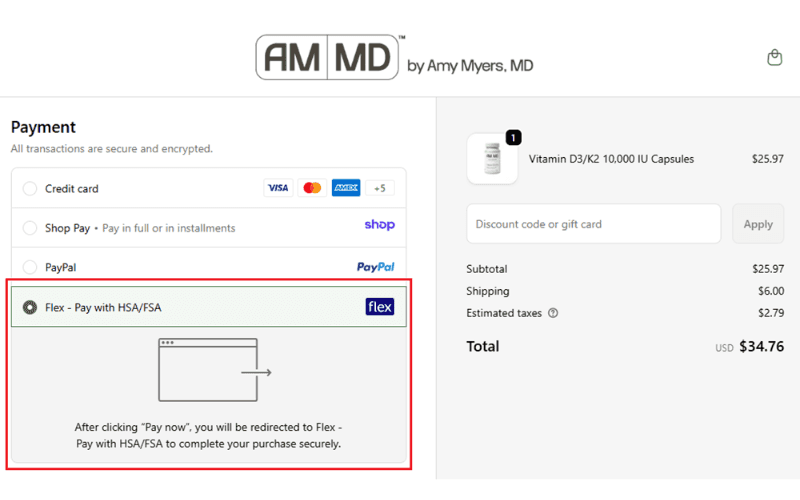 Amy Myers MD checkout using Flex