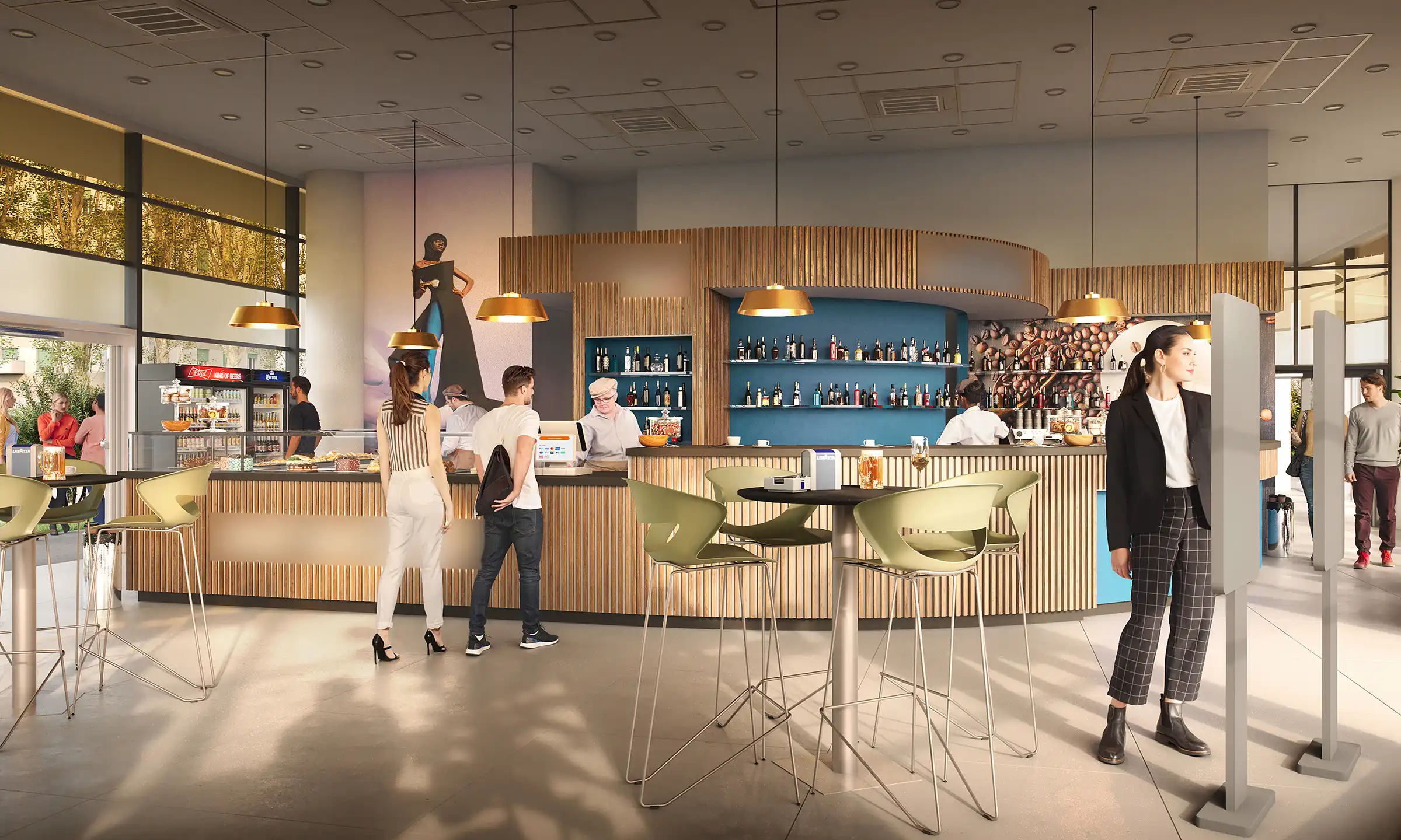 Modern bar with wooden counter, green bar stools, beer refrigerators, and cocktail area. 3D rendering for lounge bar and café.