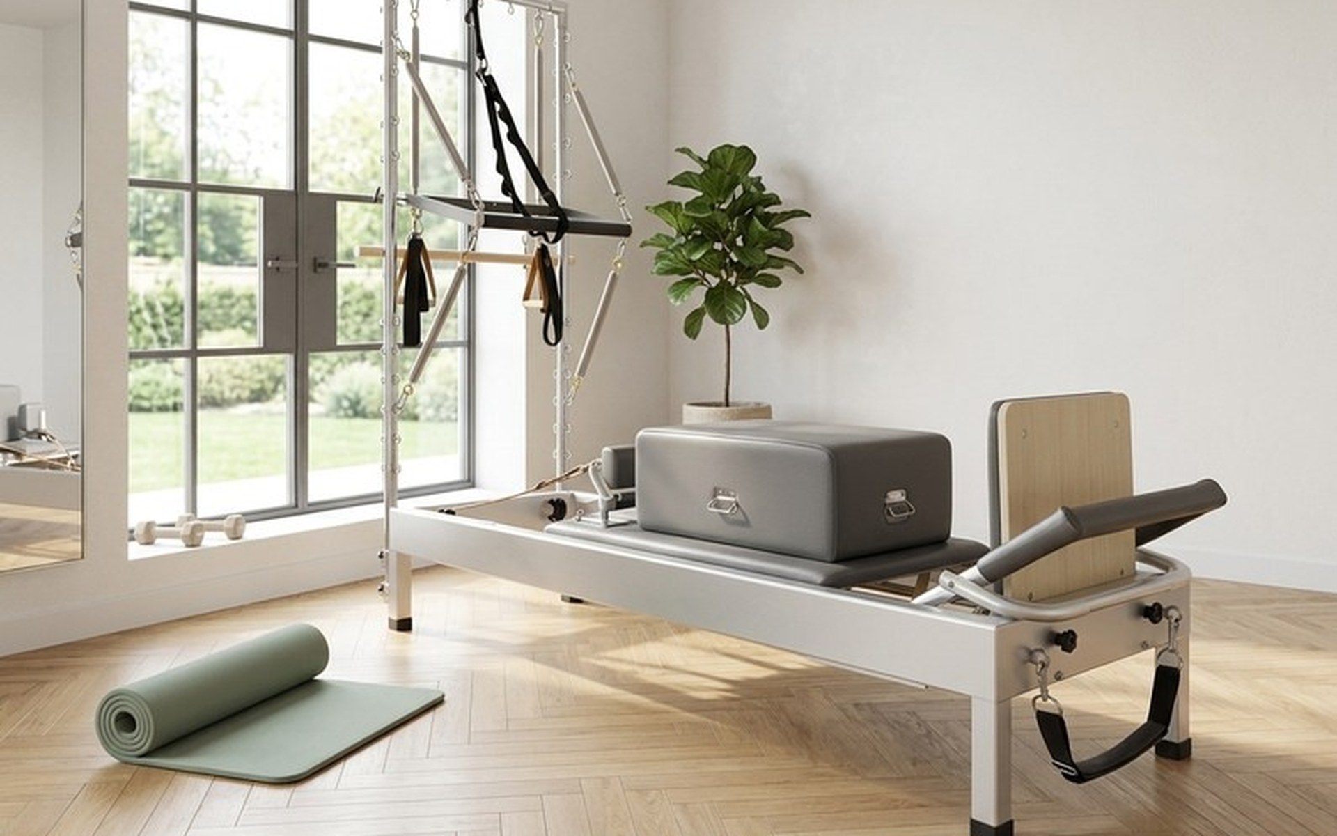 Pilates Reformer Demi-Tour Elite — Aluminium, reformer avec demi-tour en aluminium dans un studio de Pilates professionnel