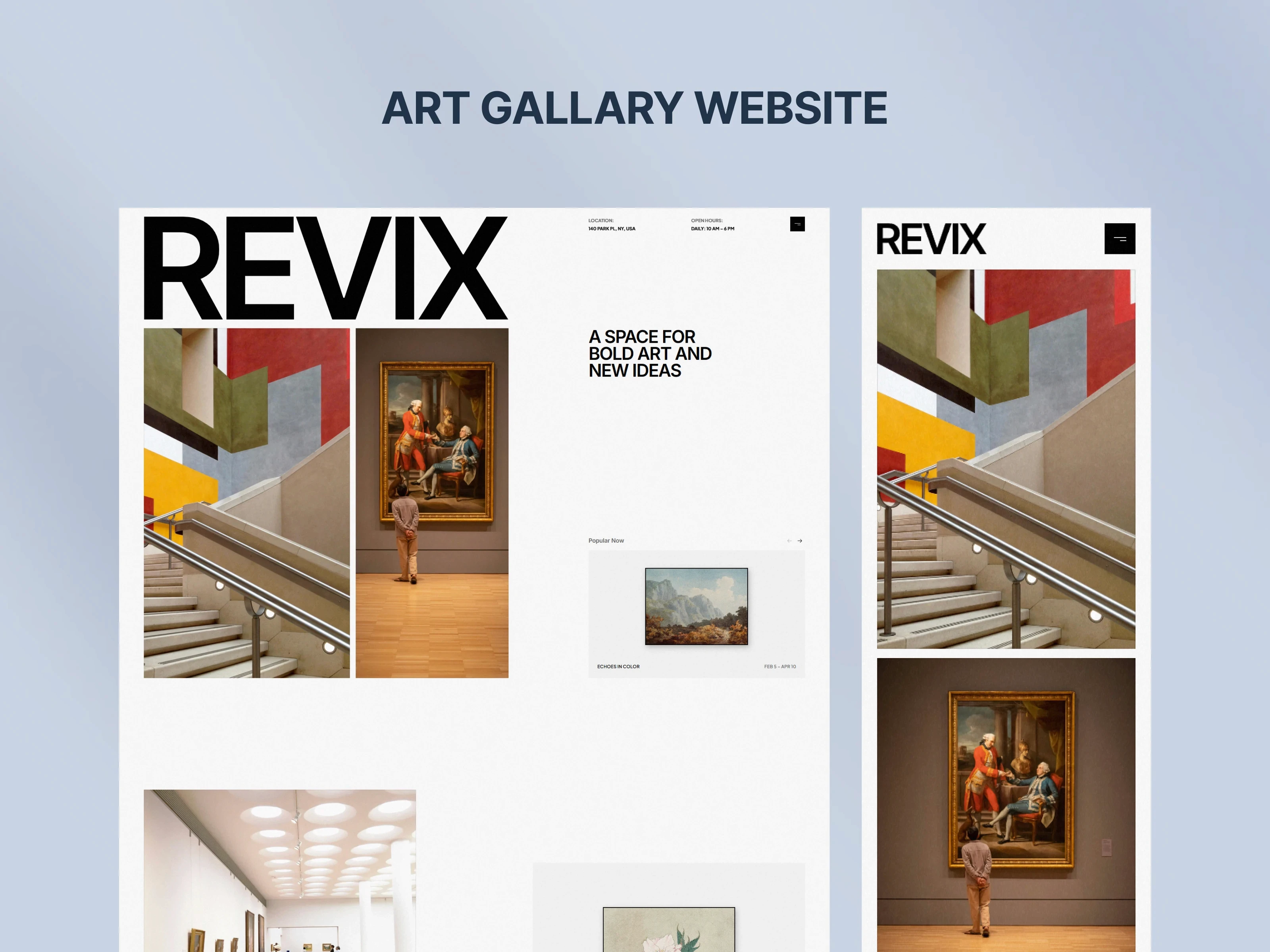 Art gallery website design in desktop and mobile view with museum interior imagery