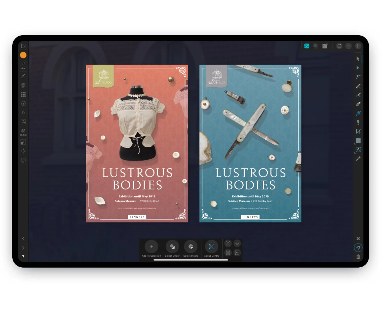 An iPad Pro screen displaying a design software artboard with two cultural exhibition posters for the 'Lustrous Bodies' event at Subiaco Museum, set against a blurred dark blue background.