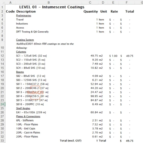 Excel Trade detail takeoff Structural Steel Trade for intumescent coatings by SubsQS