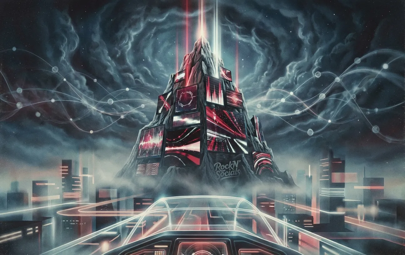 Futuristic digital marketing tower with "RockN' Socials" logo and glowing cityscape.