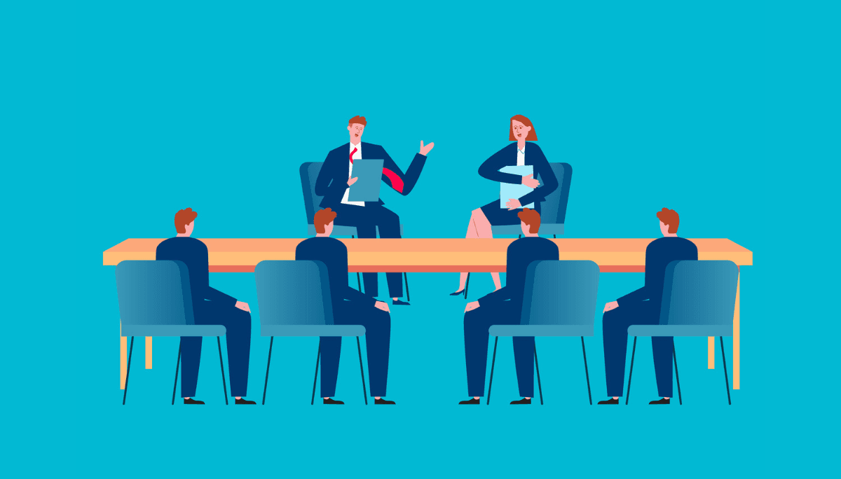 Illustration of a group interview setting with multiple candidates seated across from two interviewers—representing how group interviews function and strategies to stand out in a competitive environment.