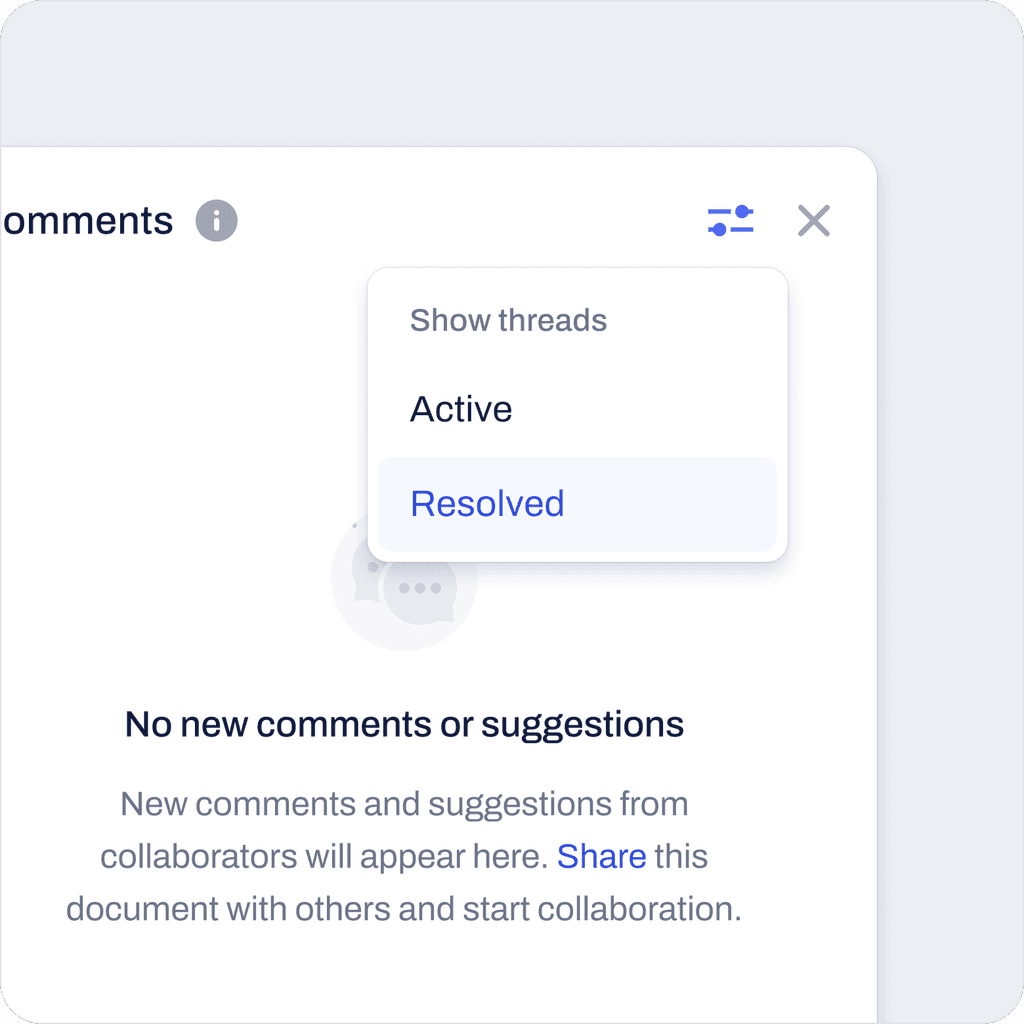 Comment panel with filter menu showing options to view “Active” or “Resolved” threads.