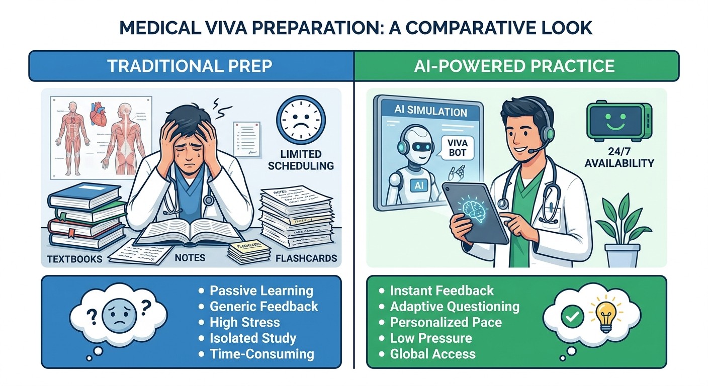 Traditional viva preparation vs AI viva simulation comparison for medical students