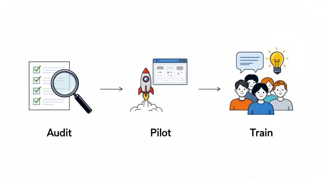An illustration showing three steps: Audit (checklist and magnifying glass), Pilot (rocket and web interface), and Train (people, speech bubble, lightbulb).
