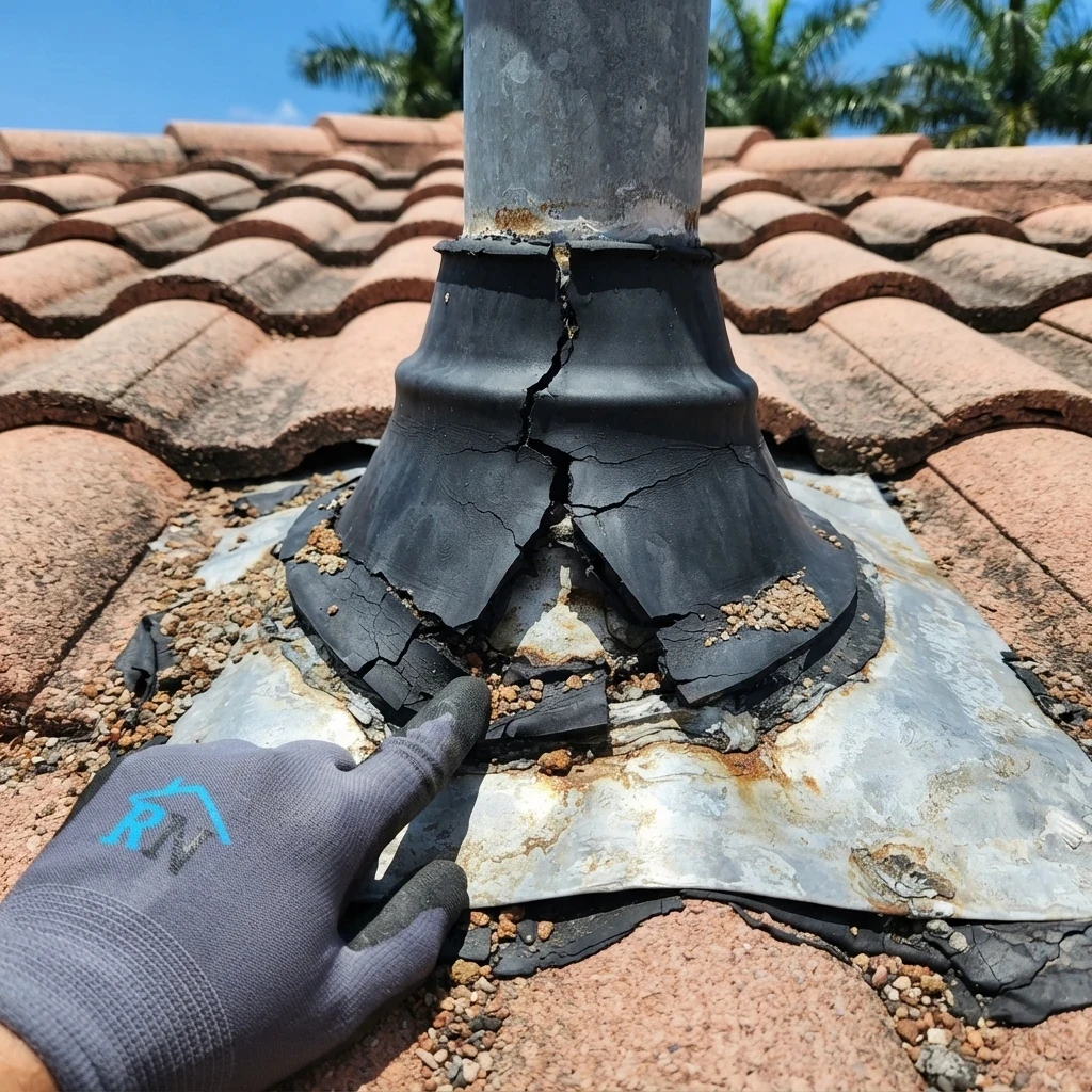 Close-up of a cracked pipe boot and failed flashing found during a South Florida roof inspection