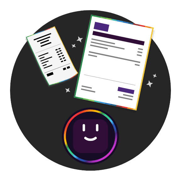 Een illustratie toont een lachend gezichtspictogram naast documenten en een bon, allemaal op een donkere cirkelvormige achtergrond.