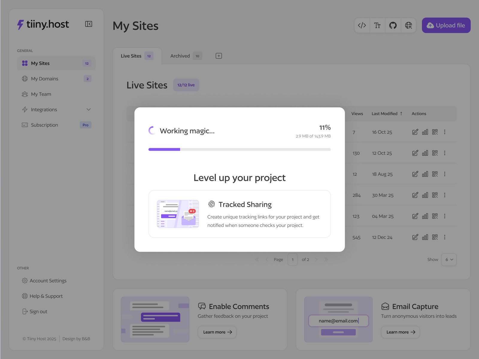 A loading bar modal overlayed on a uder dashboard