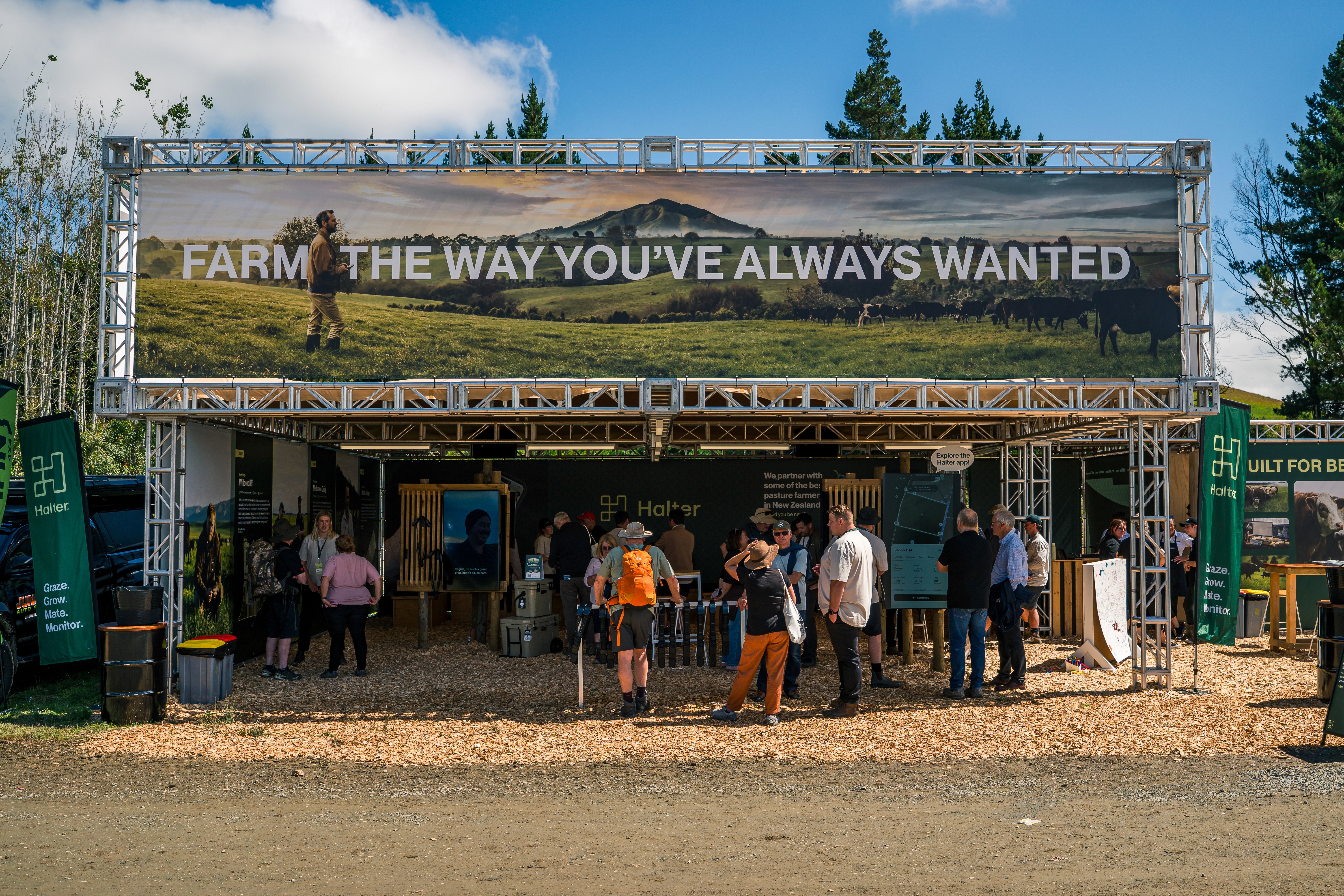 Halter Southern Fieldays exhibition stand showing branded event signage, custom fabrication and site build elements delivered by XPRO.