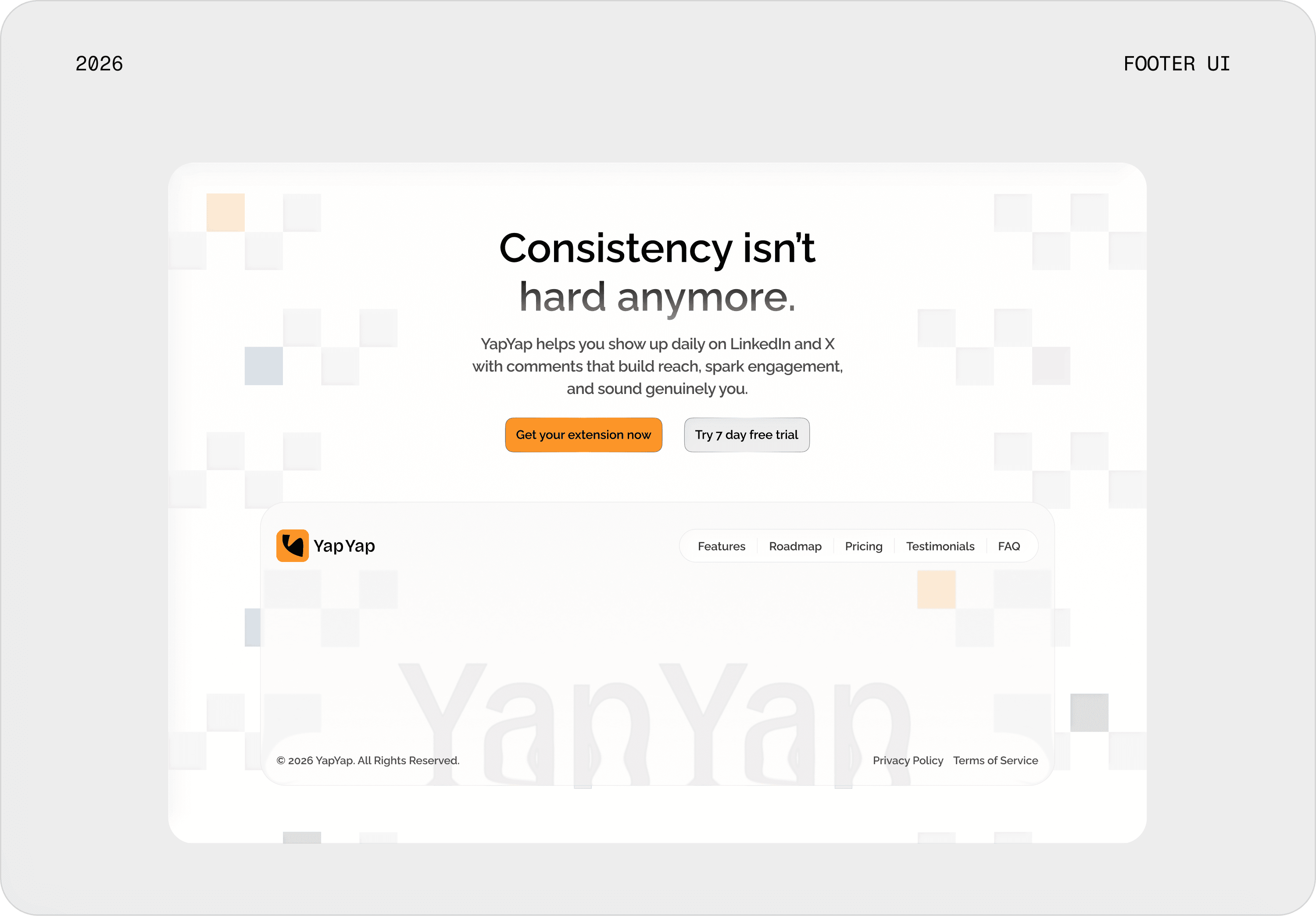 Landing page footer UI design for the YapYap product with call-to-action buttons and navigation links