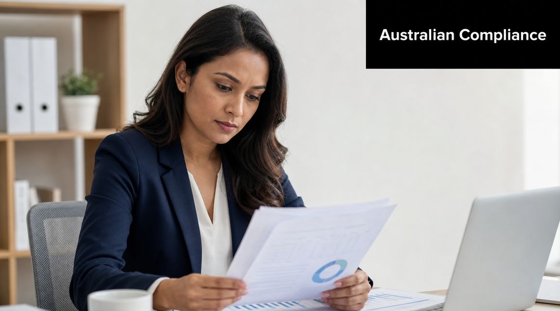 A professional woman in a business suit reviewing financial charts and inventory documents at her desk.