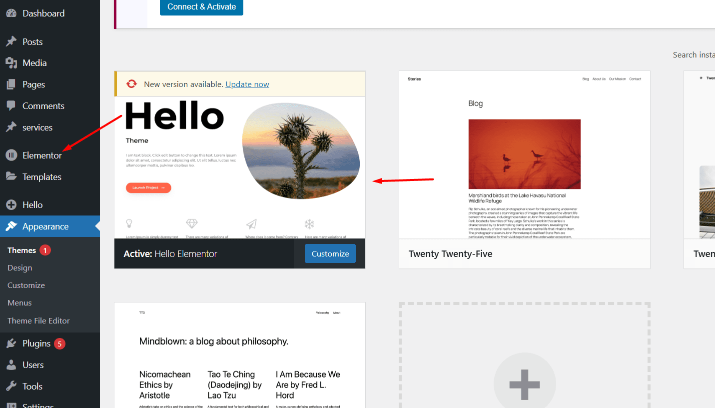 WordPress dashboard with Elementor plugin and active theme settings