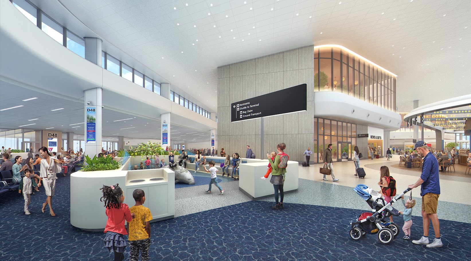 Interior view of Airside D terminal showing seating areas, passengers, and modern retail storefronts