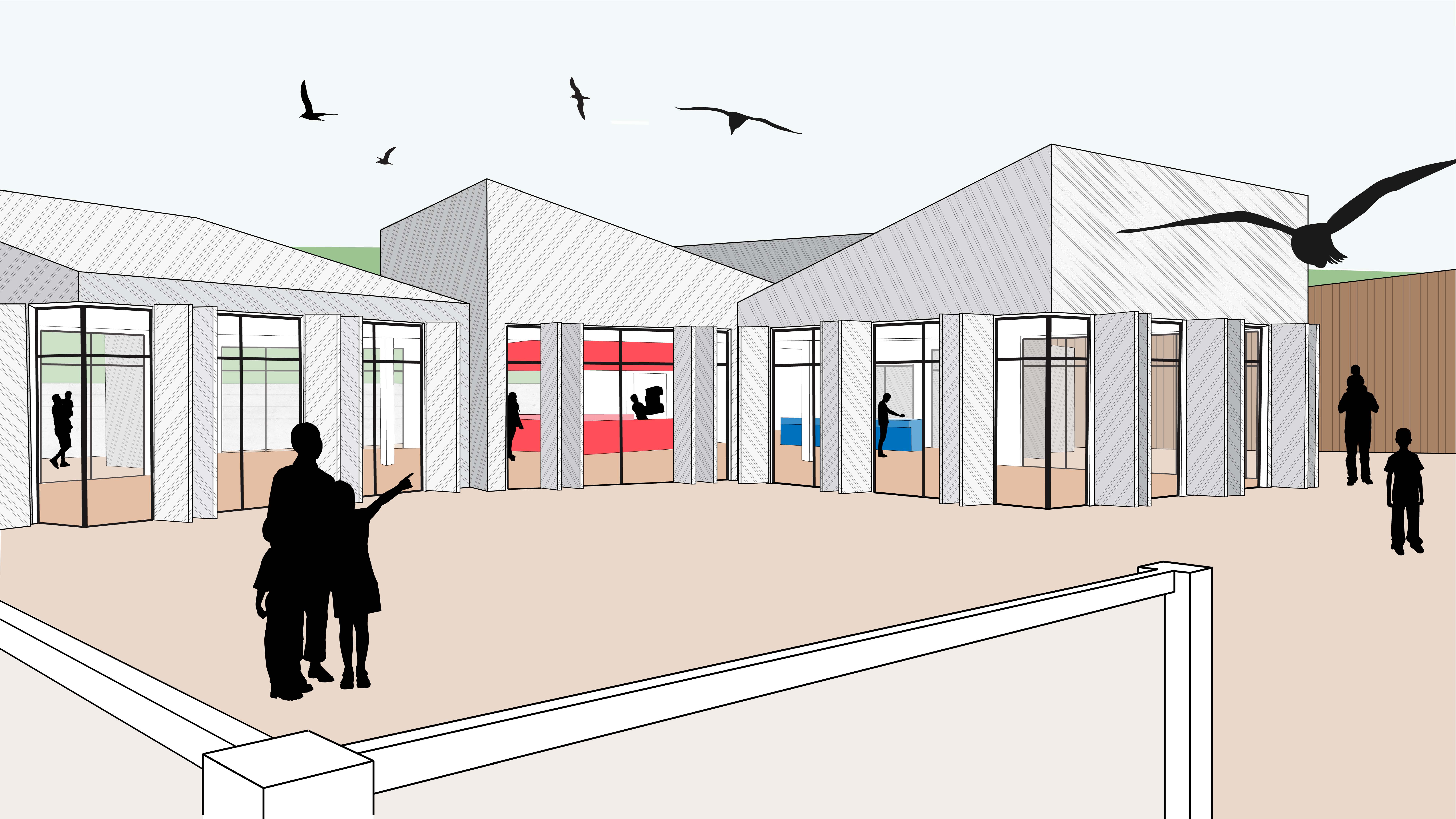 3D impression, computer sketch depicting the backside of the new beach pavilion