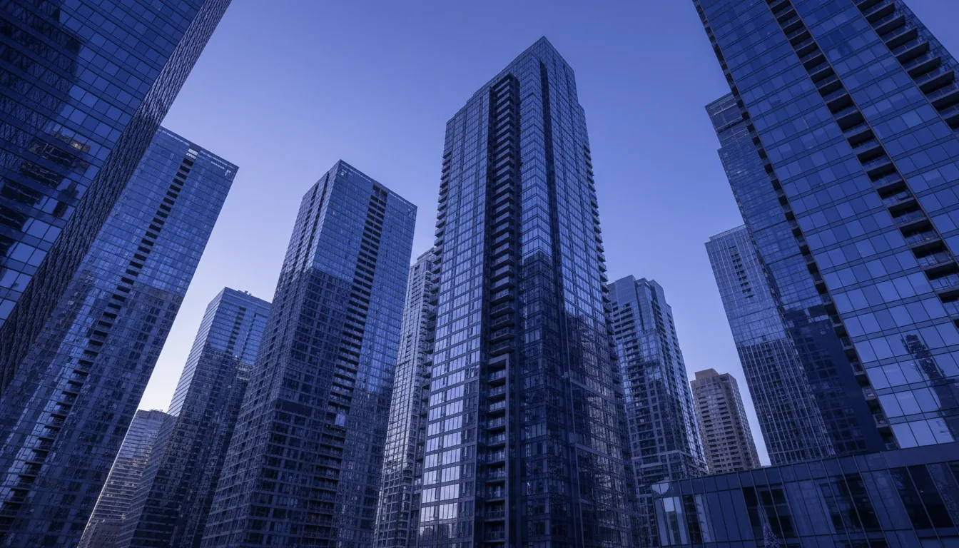 DSLR photograph, a low-angle wide-angle shot looking up at a dense cluster of modern architectural skyscrapers and residential high-rises, showcasing contemporary PropTech construction. The buildings feature glass curtain walls reflecting the sky and dark metallic facades. Natural daylight during the blue hour creates a cool color palette with deep blues and subtle purples in the shadows. The background is a clear, cloudless sky with a soft blue gradient. The entire cityscape is in sharp, crisp focus.