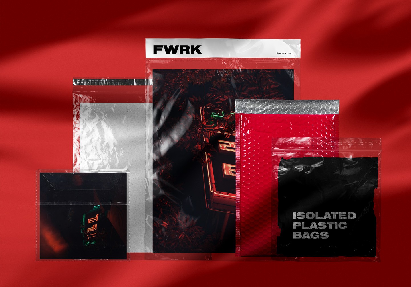 Isolated Empty Plastic Bags arranged in a creative mockup scene with a red textured background