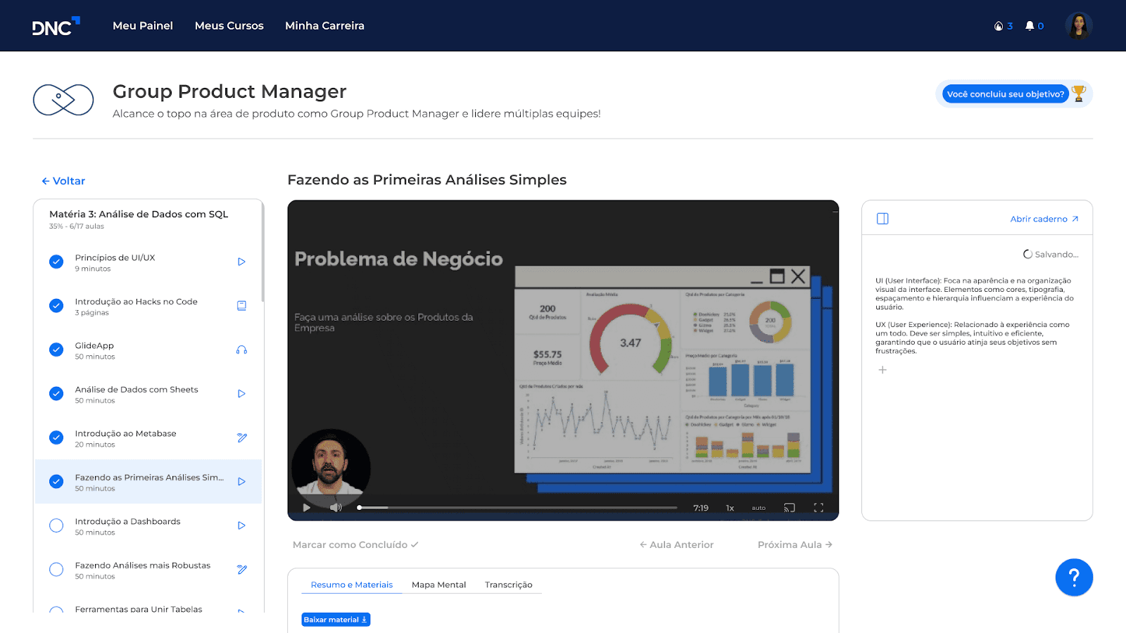 Interface da Seção Meu Curso na Plataforma DNC.