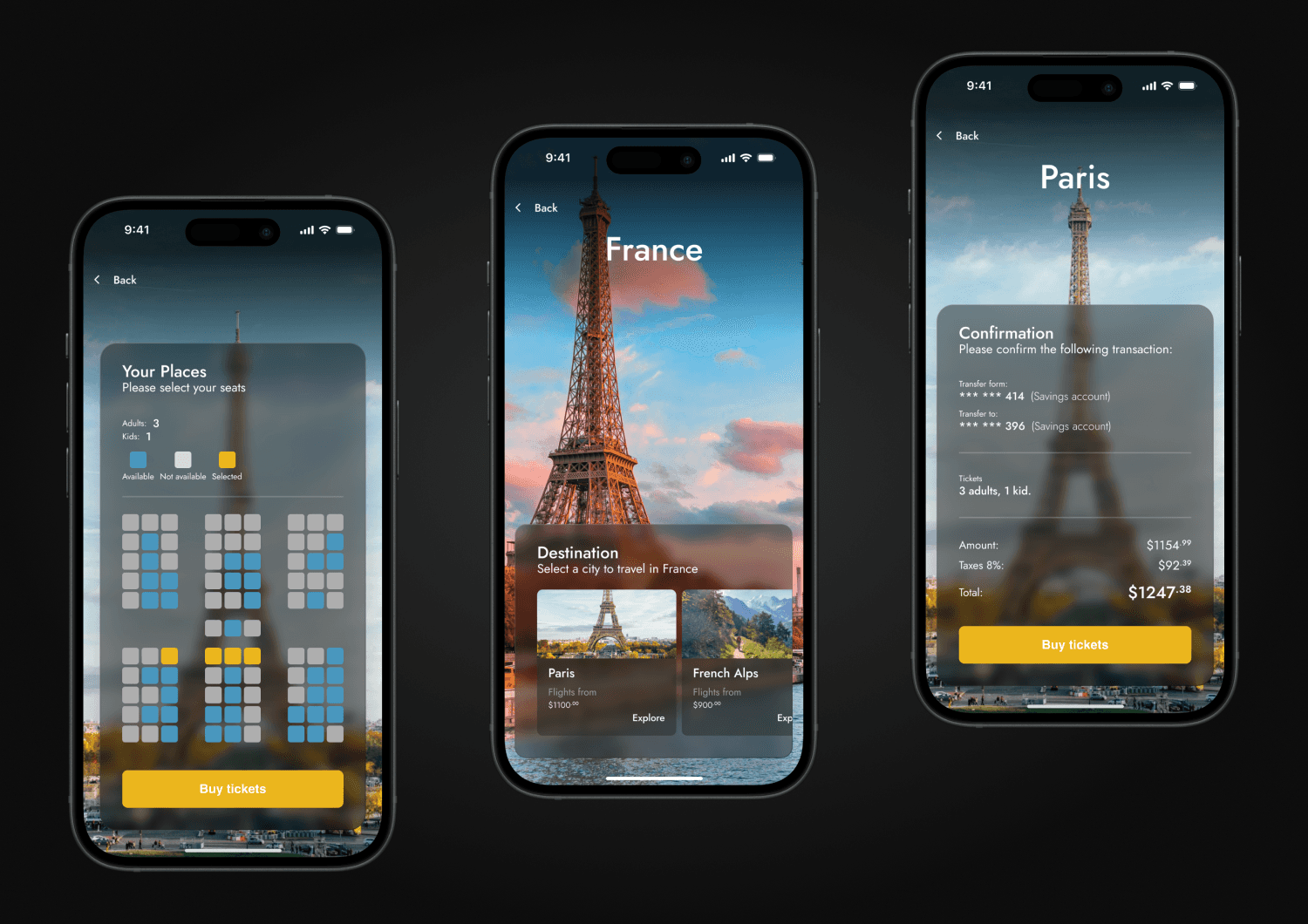 Travel app booking experience showing destination selection, seat selection, and ticket purchase confirmation.