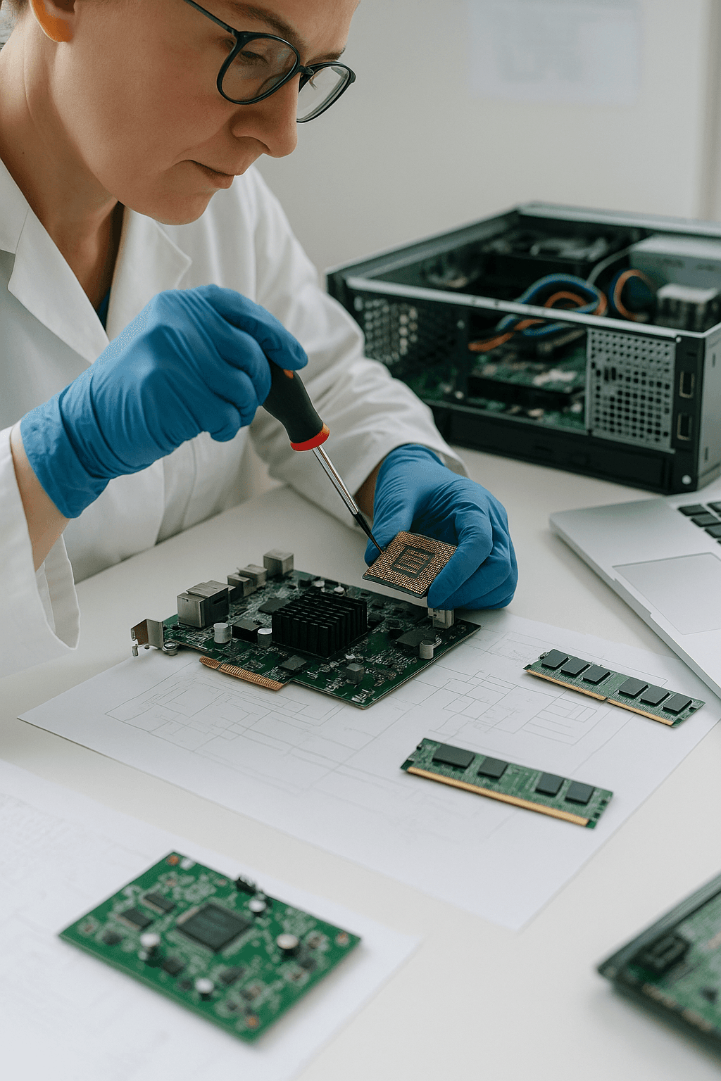 Scientist using a multi-channel pipette to transfer liquid samples in a lab, wearing gloves and surrounded by lab equipment.