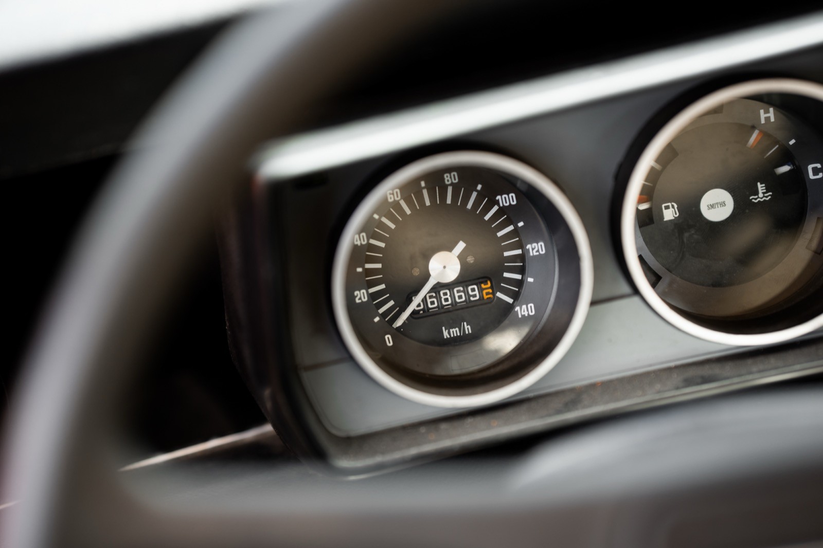 Close-up of a car dashboard featuring circular gauges and a sleek, modern design.