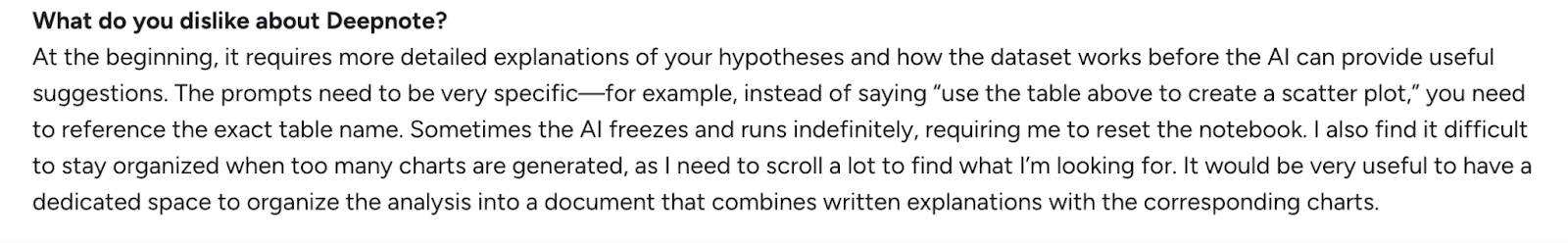 Deepnote user review mentioning that Deepnote requires detailed prompts