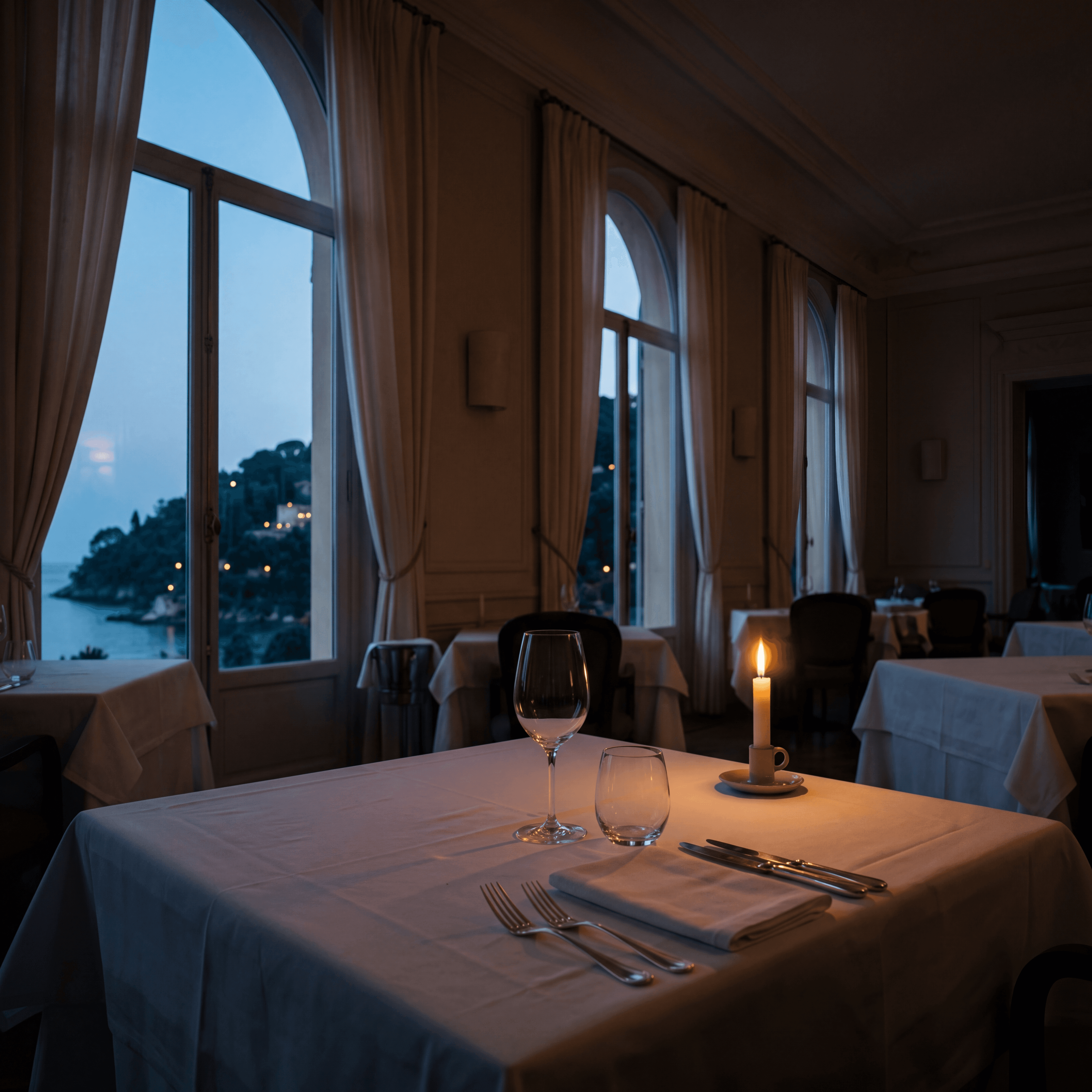 Grand Michelin-starred dining room on the French Riviera, candlelit interior with tall windows overlooking a coastal hillside at blue hour