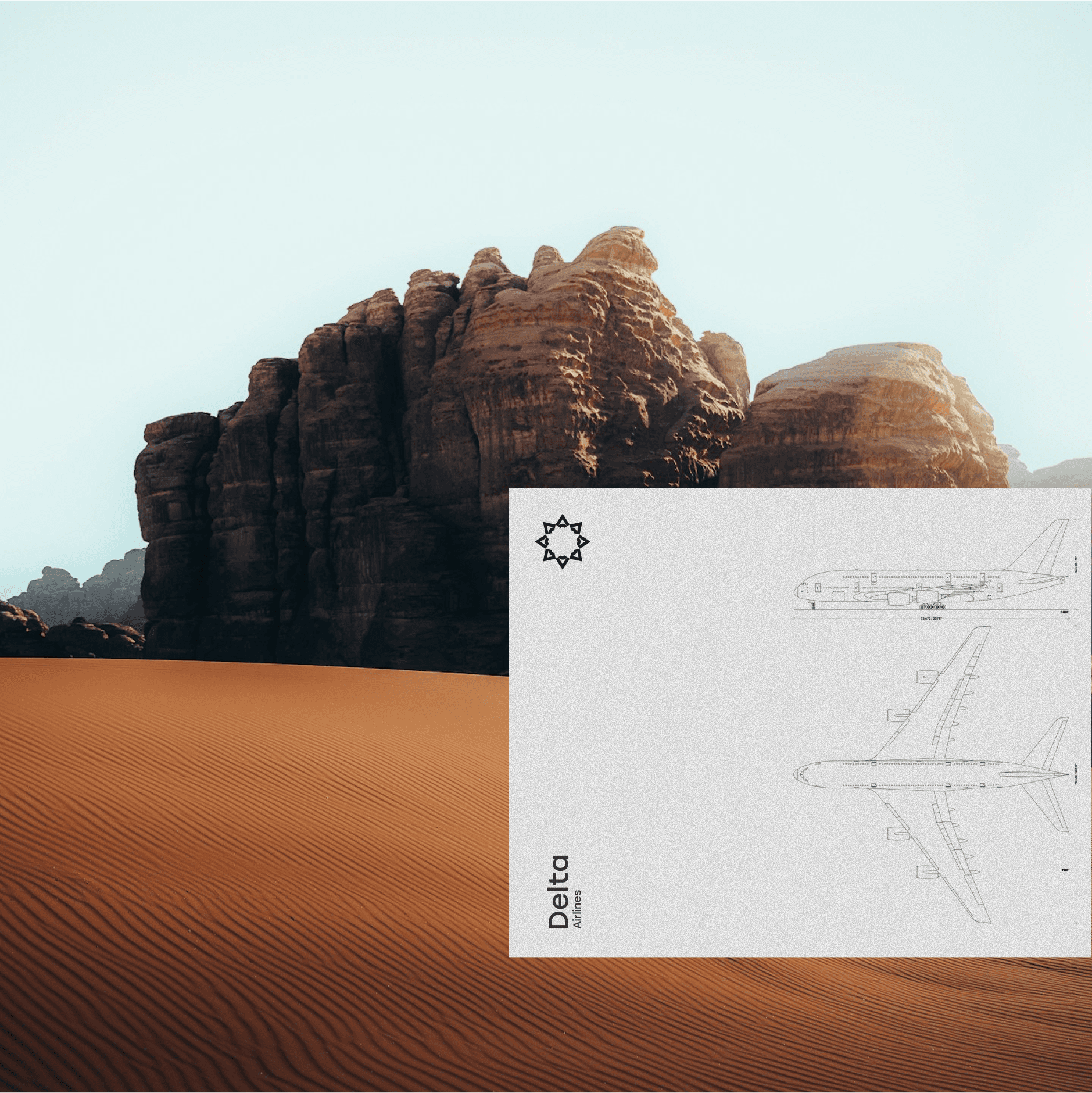 A detailed airplane blueprint overlay is set against a vast desert landscape with towering rock formations and soft, rippling sand dunes under a clear blue sky.