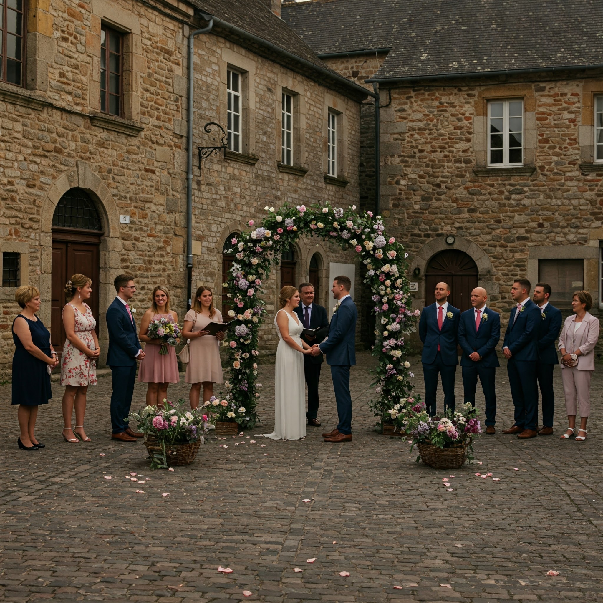Ein Brautpaar, die Frau in einem weißen Kleid, der Mann in einem Anzug, steht unter einem mit Blumen geschmückten Bogen auf einem historischen Platz. Im Hintergrund sind alte Gebäude und viele Menschen zu sehen, die die Zeremonie beobachten. Das Paar lächelt sich an und wirkt sehr glücklich.