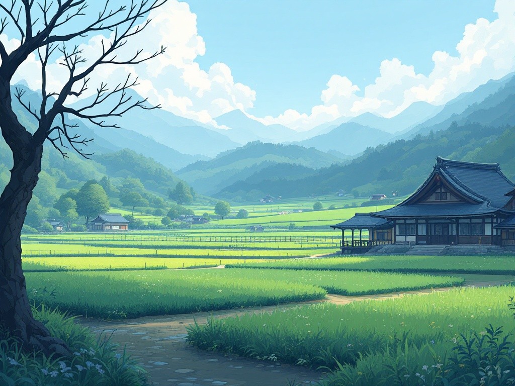 Tranquil scenery of a Japanese village nestled in a lush green valley, surrounded by majestic mountains under a bright sky.