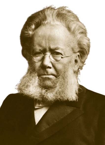 Sepia-toned portrait of Henrik Ibsen, the famous Norwegian playwright and poet, known for his influential works in modern drama. He is shown with distinctive round glasses, a bushy beard, and thick hair, wearing a formal suit. His serious expression reflects his deep, intellectual legacy in literature, particularly in challenging societal norms.