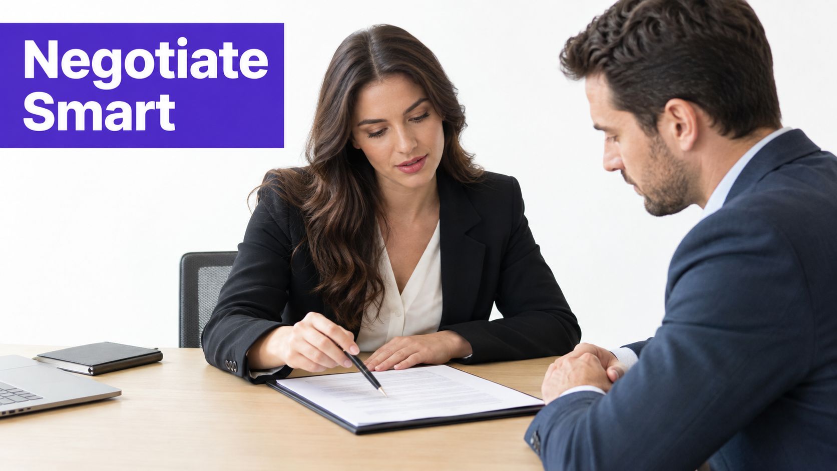 A professional business woman and man sitting at a desk reviewing a contract together during negotiation.
