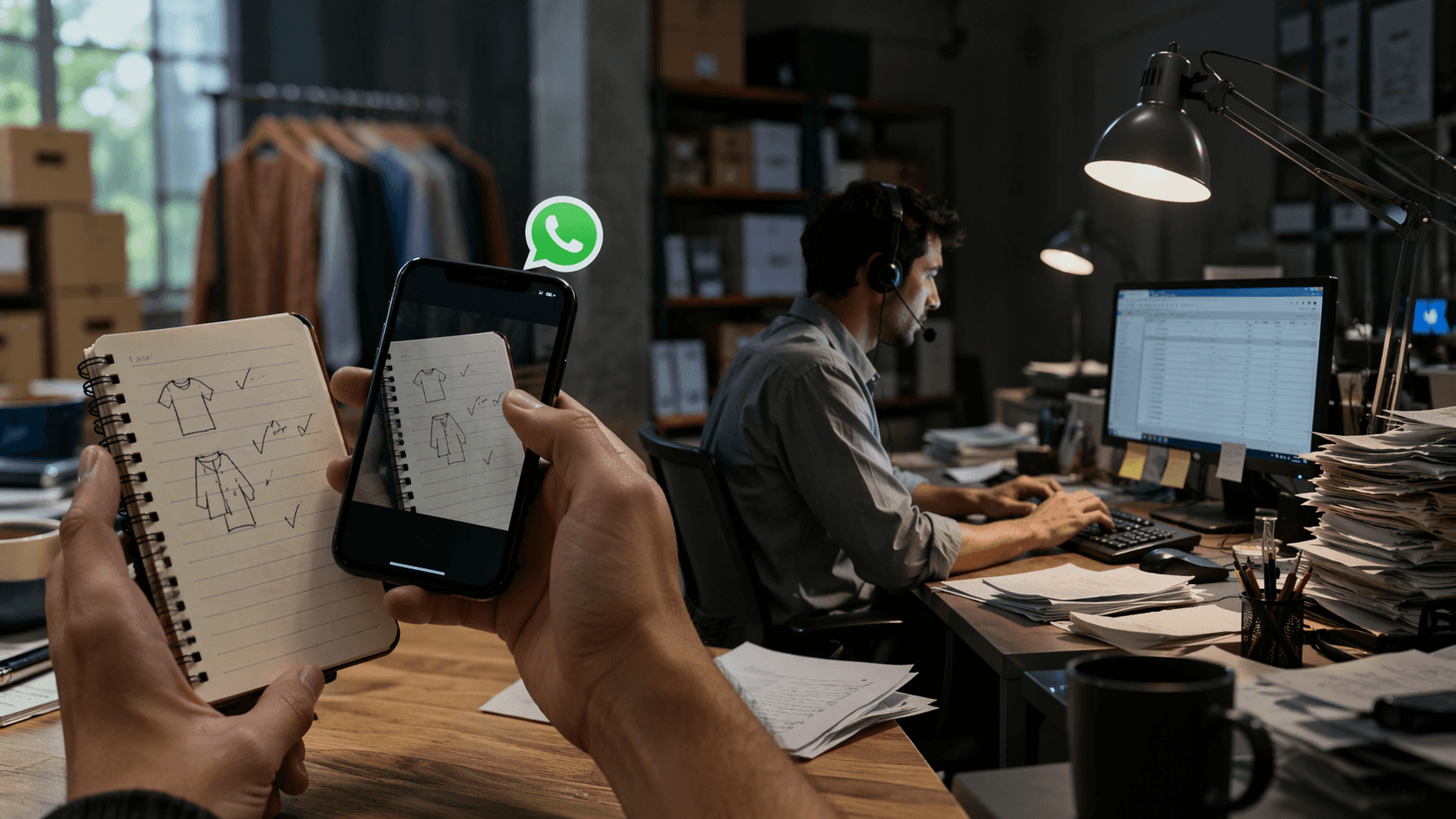 Comprador em um ambiente têxtil anotando pedidos em um caderno enquanto fotografa a página com o celular, cercado por rolos de tecido; ao fundo, um operador de televendas digita os itens manualmente em um computador, mostrando o processo tradicional de pedido.