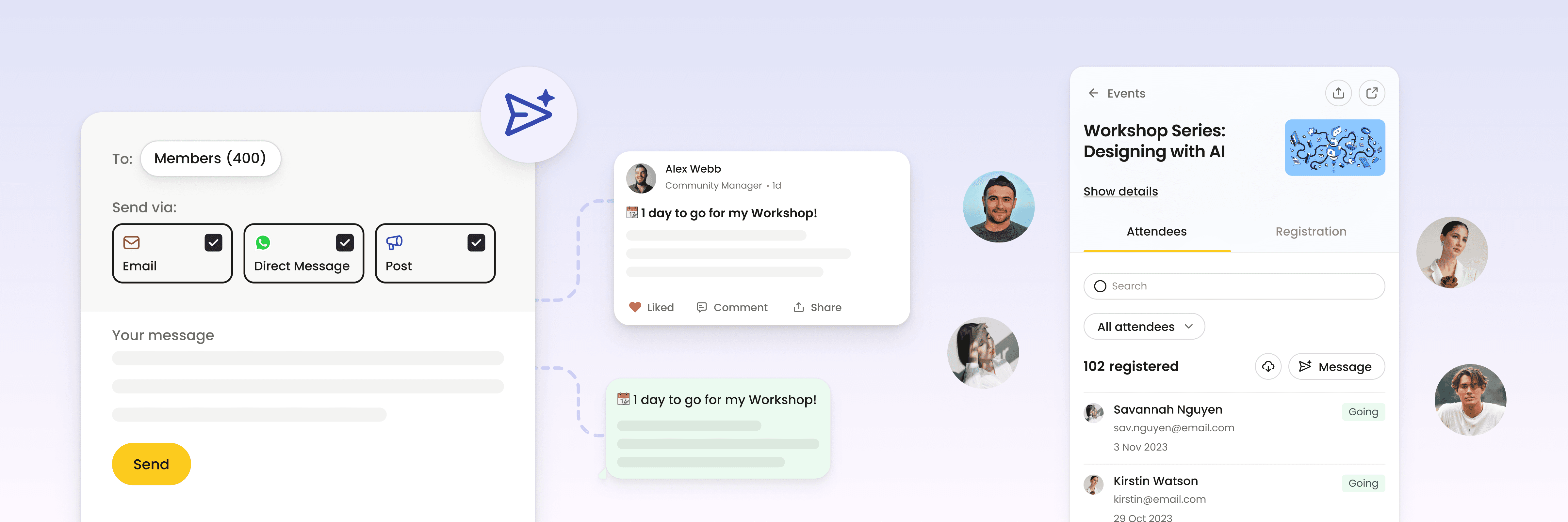 Screenshot of a messenger app with a notification for an upcoming workshop on designing with AI, organized by the Developer Club. The workshop is expecting 102 registered attendees.