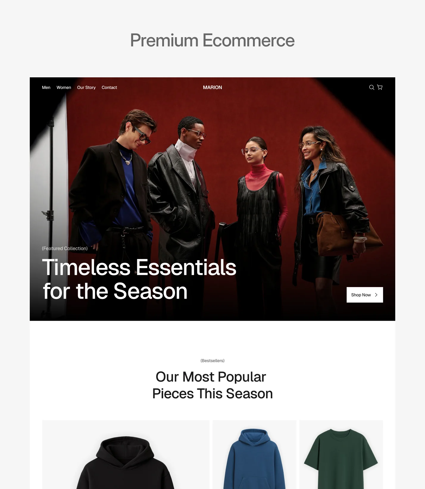 Ecommerce website template homepage preview with product focused layout