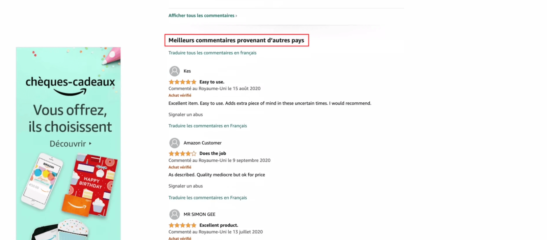 Regroupement des Commentaires sur Amazon