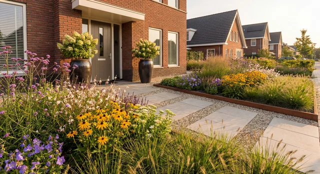 Een verzorgde voortuin met kleurrijke bloemen en struiken in een woonwijk.