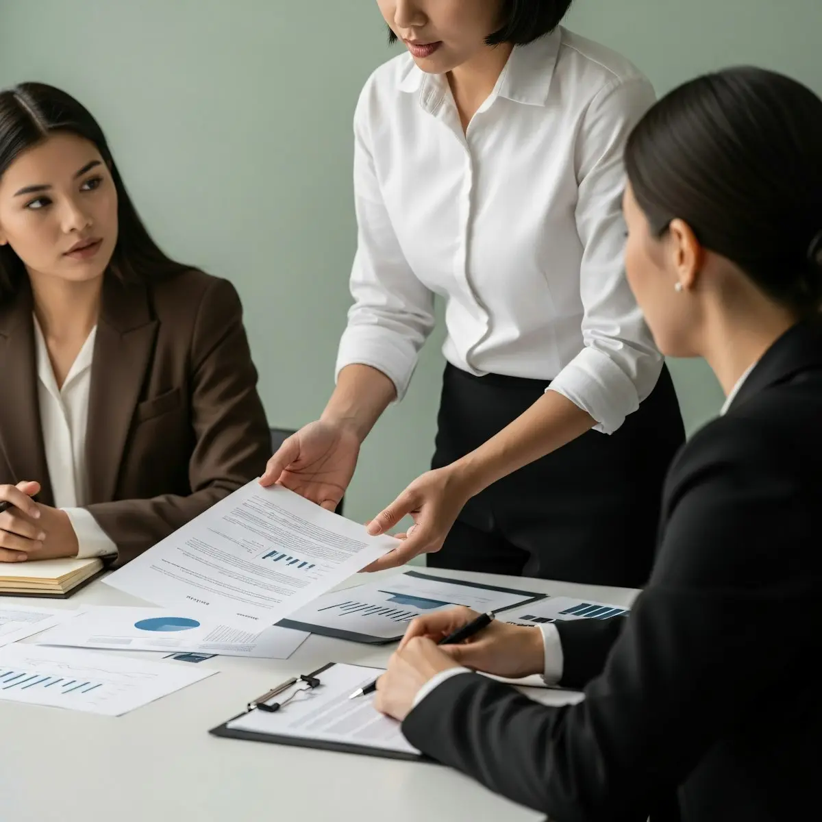 Business professionals reviewing and handing over a contract document during meeting