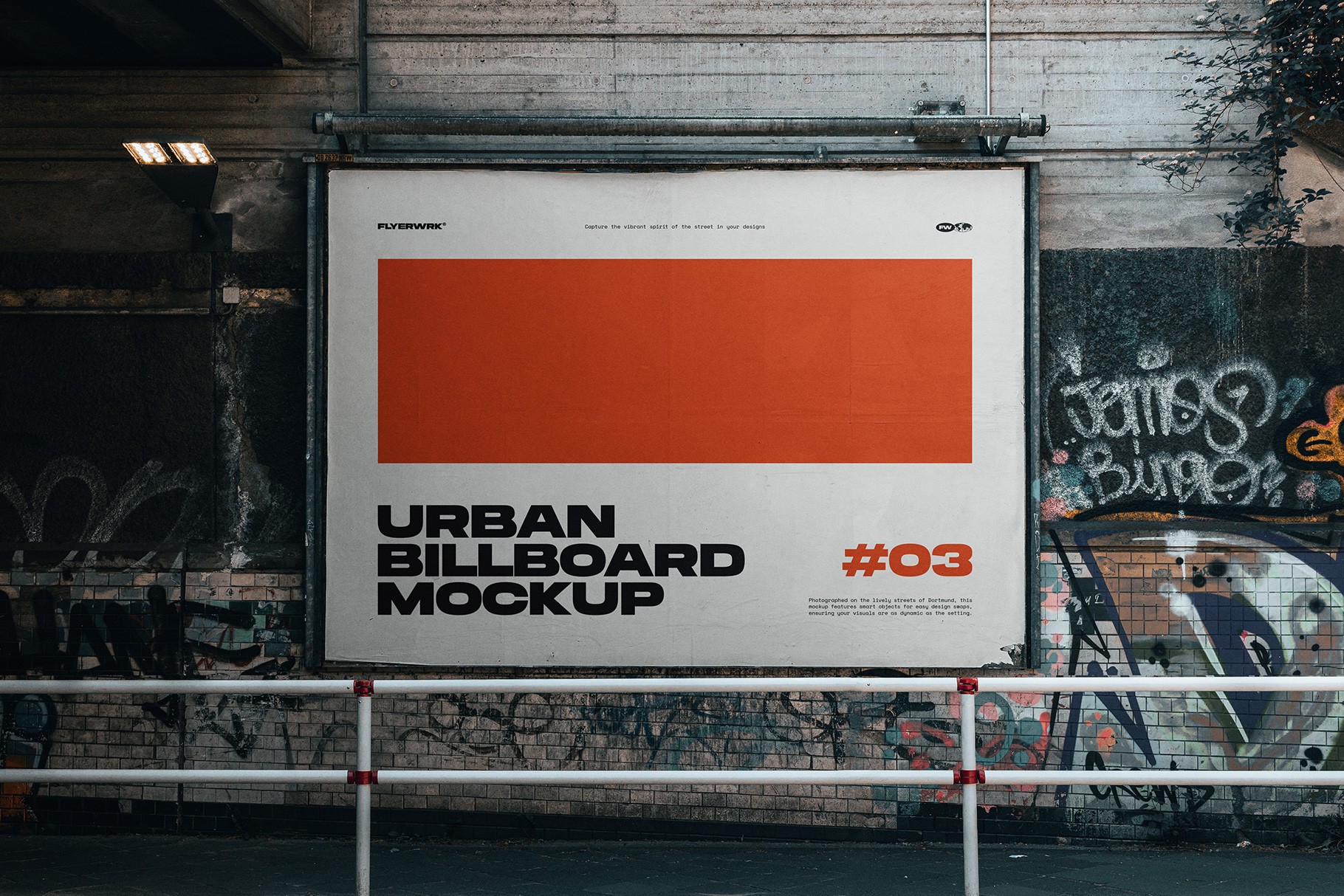 Urban billboard mockup on graffiti wall in daylight urban street environment