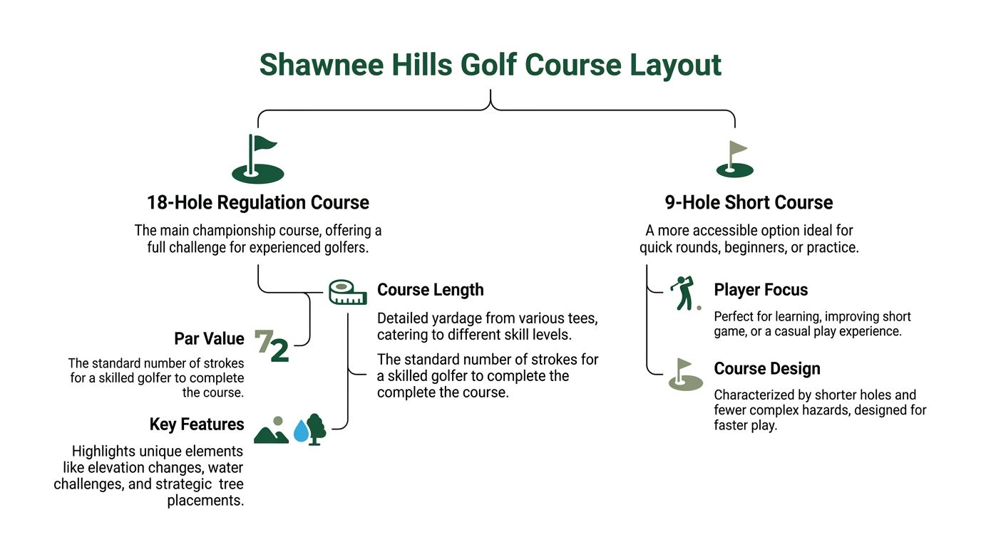 An infographic showing the layout of the Shawnee Hills golf course, featuring an 18-hole regulation and 9-hole short course.