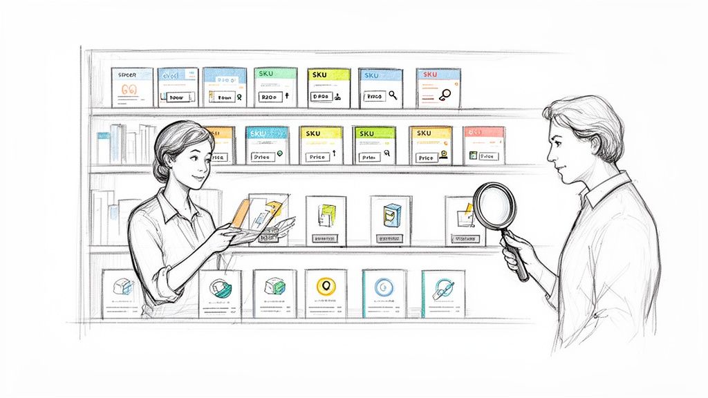 Two people managing an e-commerce product catalog, one inspecting items and the other holding a magnifying glass.
