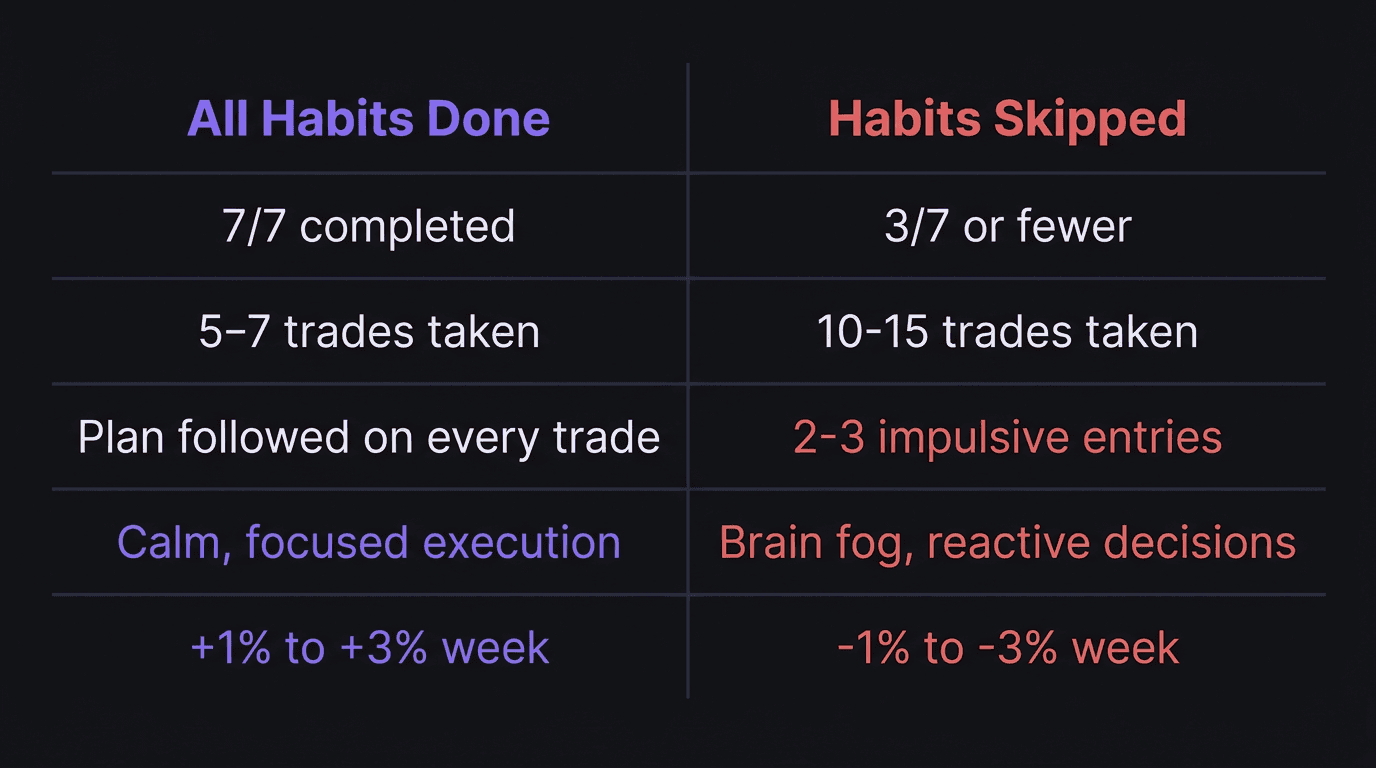 Comparison table showing trading performance on days with all habits completed versus days with habits skipped