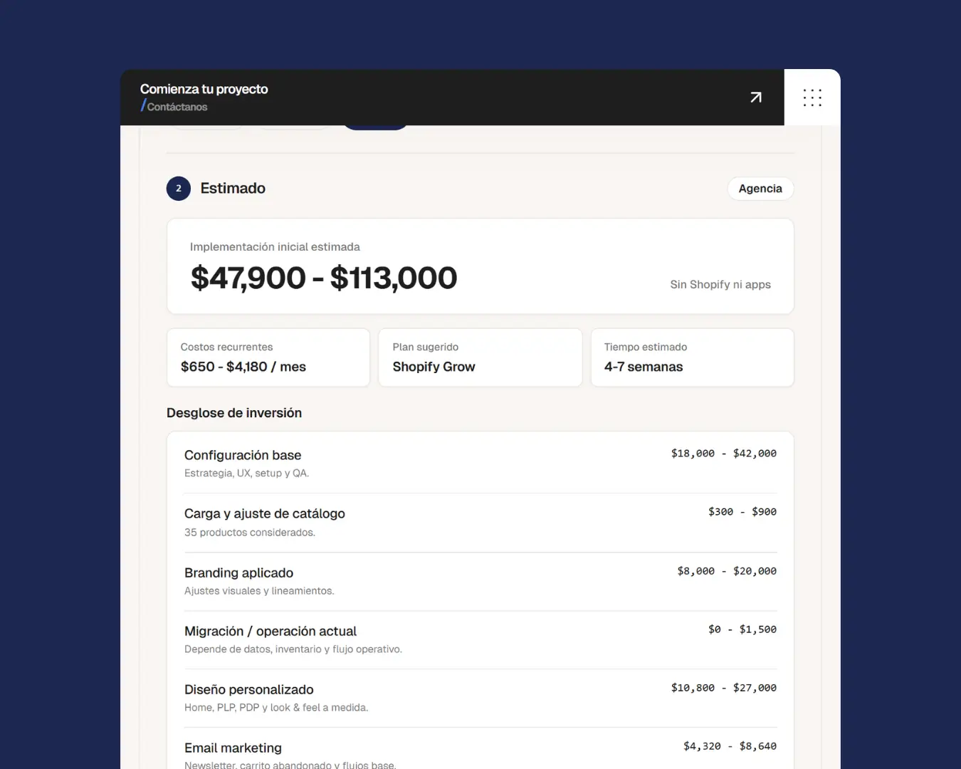 Mockup de herramienta para saber cuánto cuesta lanzar una tienda en línea con Shopify