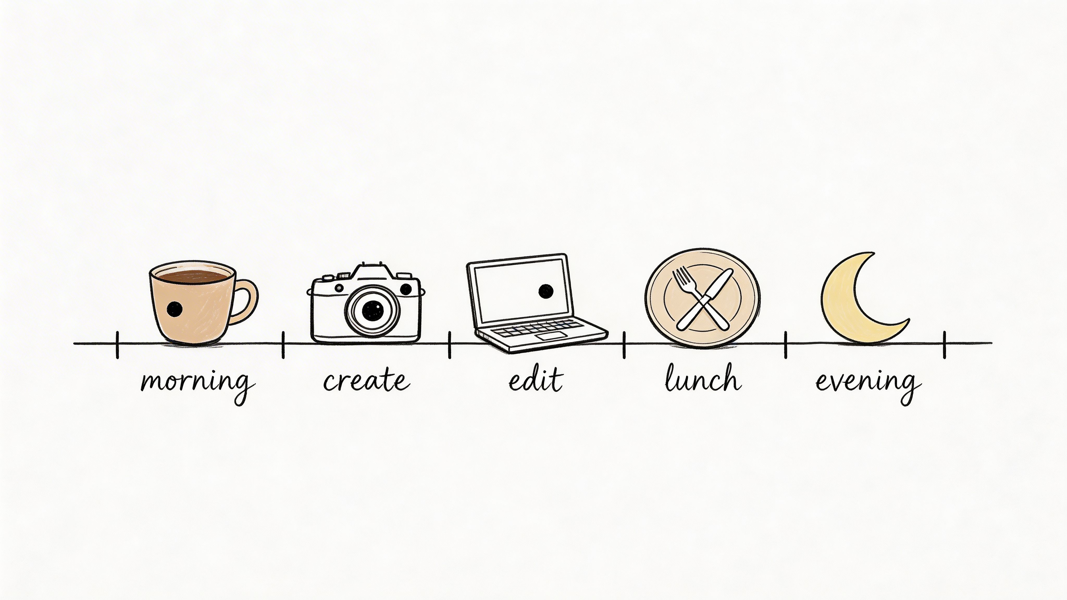 A hand-drawn timeline illustration showing a daily workflow including coffee, creating, editing, lunch, and evening rest.