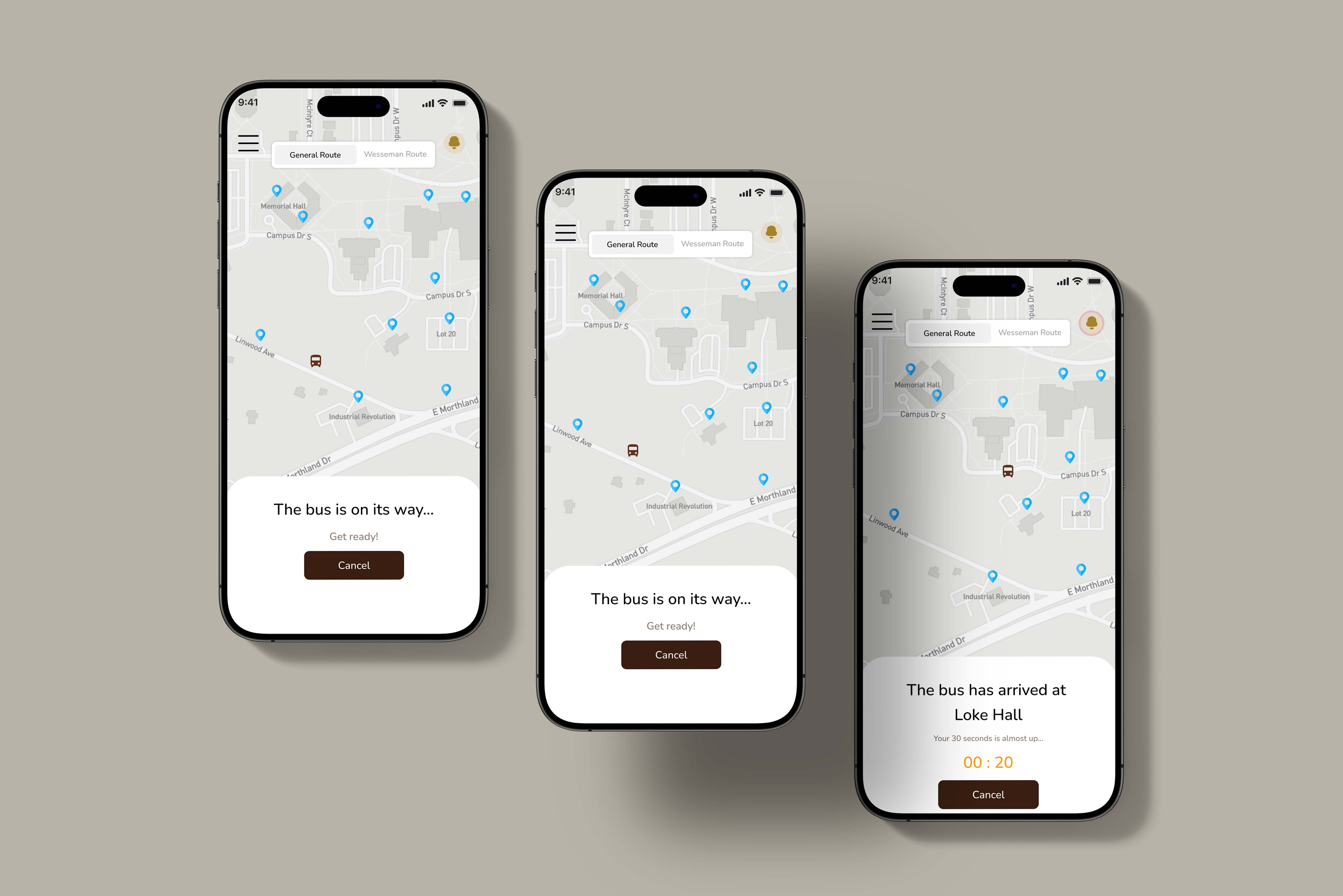 Three smartphones display a mobile app UI/UX mockup featuring a map interface with marked locations, route progress, and notifications for a bus service, demonstrating a design project by a product designer or UI designer.