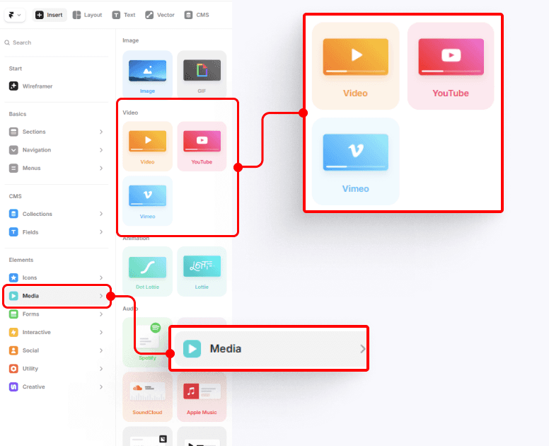 Accès au composant vidéo dans Framer via le menu Media pour intégrer une vidéo